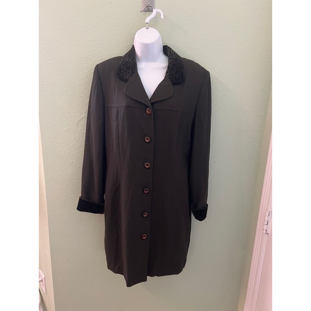 Vintage KASPER A.S.L. Dress Dark Green w/Faux Animal Fur Collar/Cuffs 14​